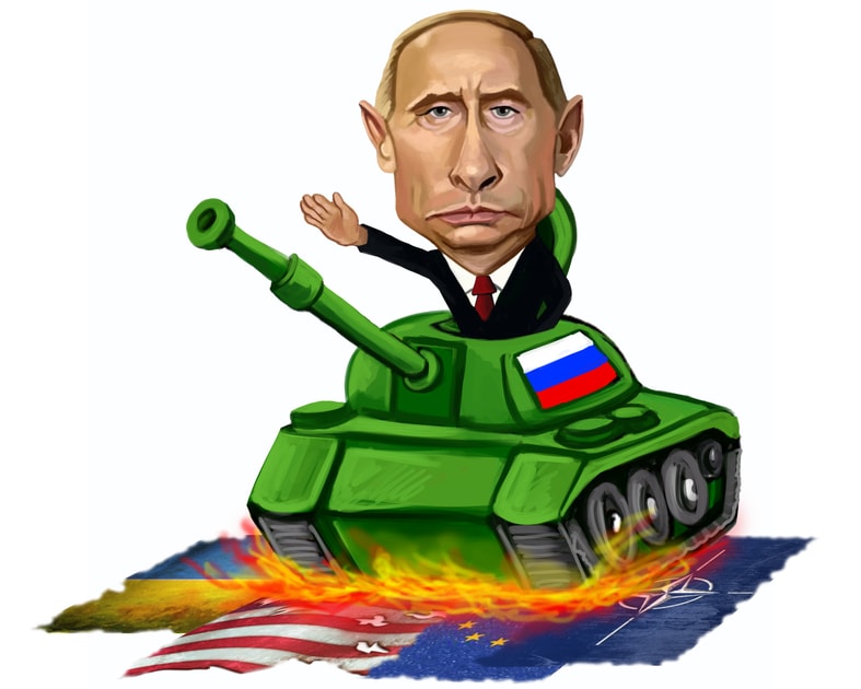 Caricature de Poutine dans un char avec la main levée attaquant l'Ukraine, l'OTAN et les États-Unis