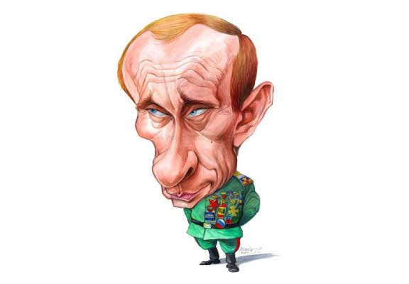 Caricature de Poutine en général avec 50 médailles
