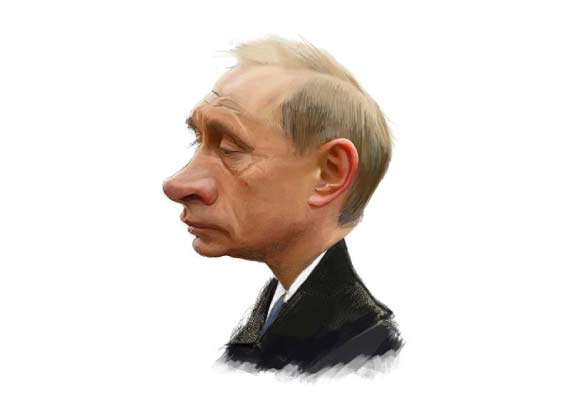 Portrait caricatural de Poutine posant pensivement