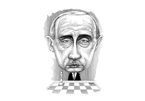 Caricature de Poutine jouant aux échecs avec un visage sérieux