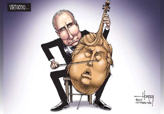 Poutine joue du violoncelle en forme de tête de Trump - Caricature