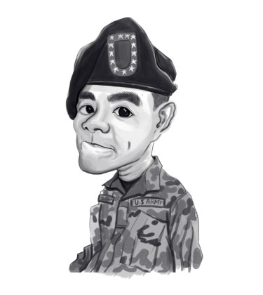 Portrait de caricature noir et blanc d'un jeune soldat