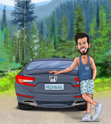 Portrait de dessin animé d'un gars posant devant sa voiture dans les bois