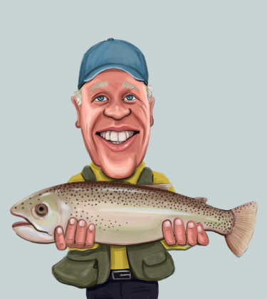 Caricature d'un pêcheur tenant fièrement sa prise
