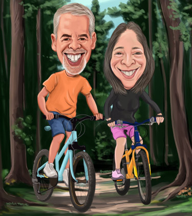 Dessin personnalisé d'un couple faisant du vélo dans les bois