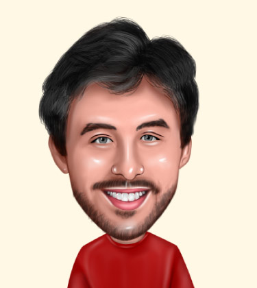 Caricature réaliste d'un homme souriant dans la trentaine portant une chemise rouge