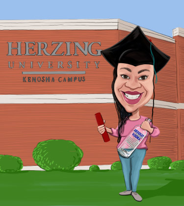 Caricature drôle d'une dame diplômée devant son université