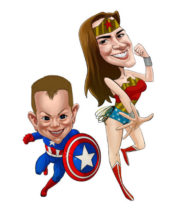 Croquis de la mère et du fils déguisés en style caricatural Superman et Wonderwoman
