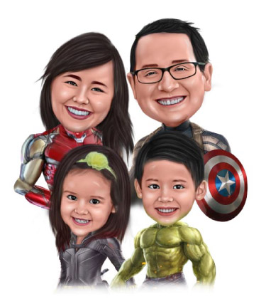 Caricature d'une famille de 4 personnes déguisée en personnages de super-héros