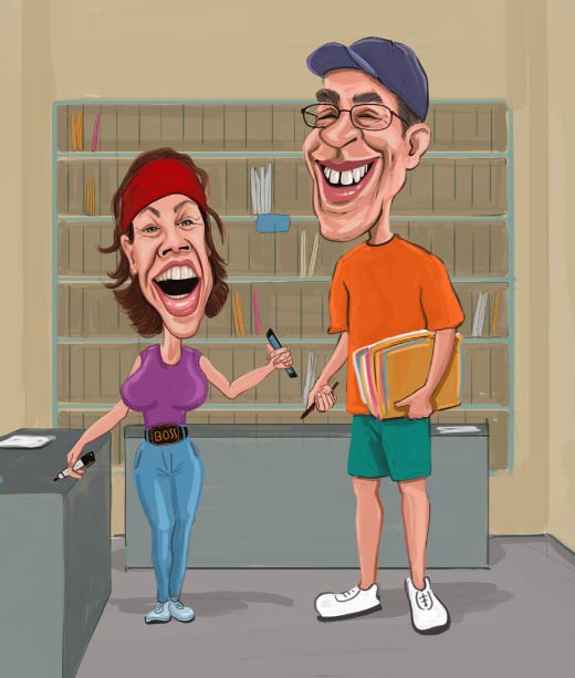 Deux enseignants riant à l'intérieur d'une caricature de classe