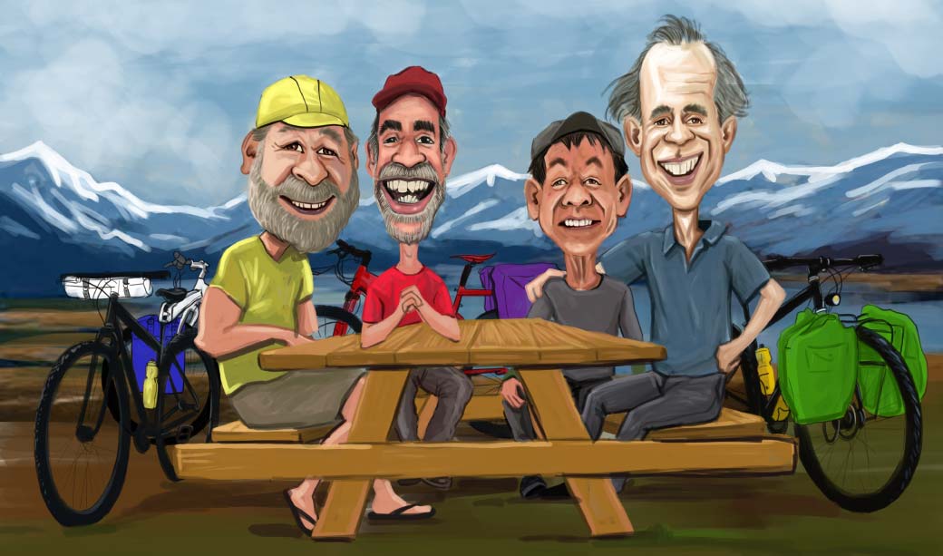 Caricature amusante d'un groupe de personnes assises à la table extérieure dans les montagnes avec les vélos à leurs côtés