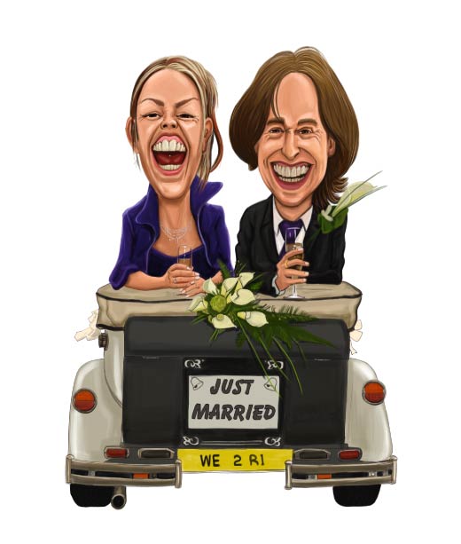 Caricature juste mariée d'un couple de mariage à l'intérieur d'une voiture cabriolet